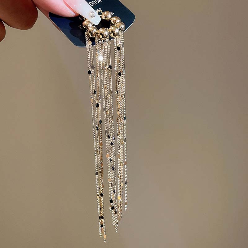 Personality Long Tassel Clip Earrings for Women Fashion Geometric Circular Bead Ear Cuff Chain Fake Piercing Earring Jewelry