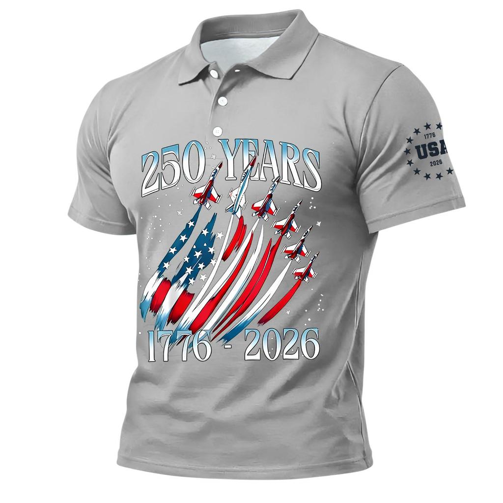 Men's Polo Shirt Short Sleeve 250 Years 1776 2026 Printed USA Flag Aircraft Graphic Casual Top