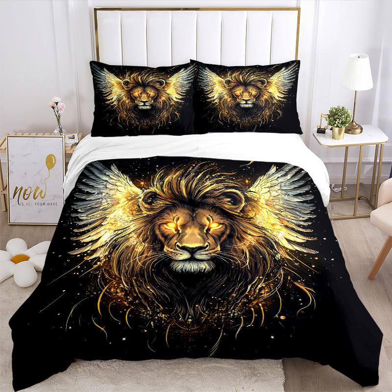 3pcs Golden Winged Lion Quilt Set Cartoon Themed Bed Quilt Set Lovely Character Bedroom Decor Bed Quilt Set Four Seasons (1 Cover + 2Pillowcase N