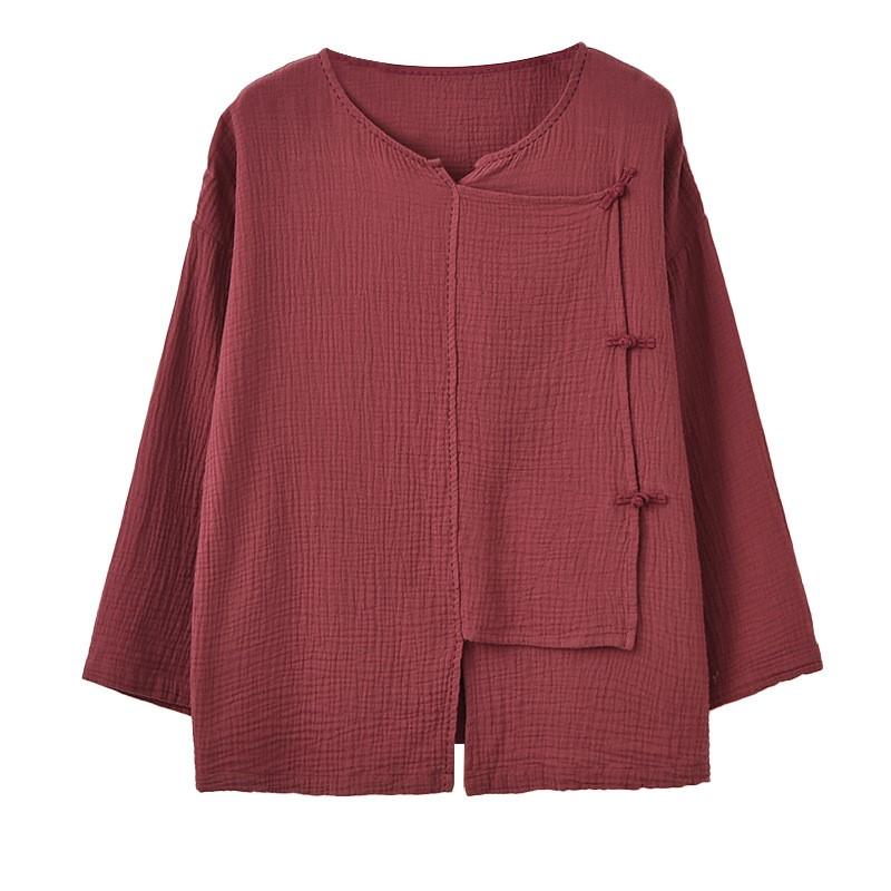 Johnature Kvinner Vintage bomullsskjorter Topper V-hals Langermet vårbluser Ensfarget knappe skjorter i kinesisk stil