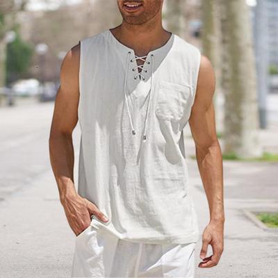 Men's Sleeveless T-shirt Lace Up V-Neck Loose Fit Blouse with Chest Pocket Solid