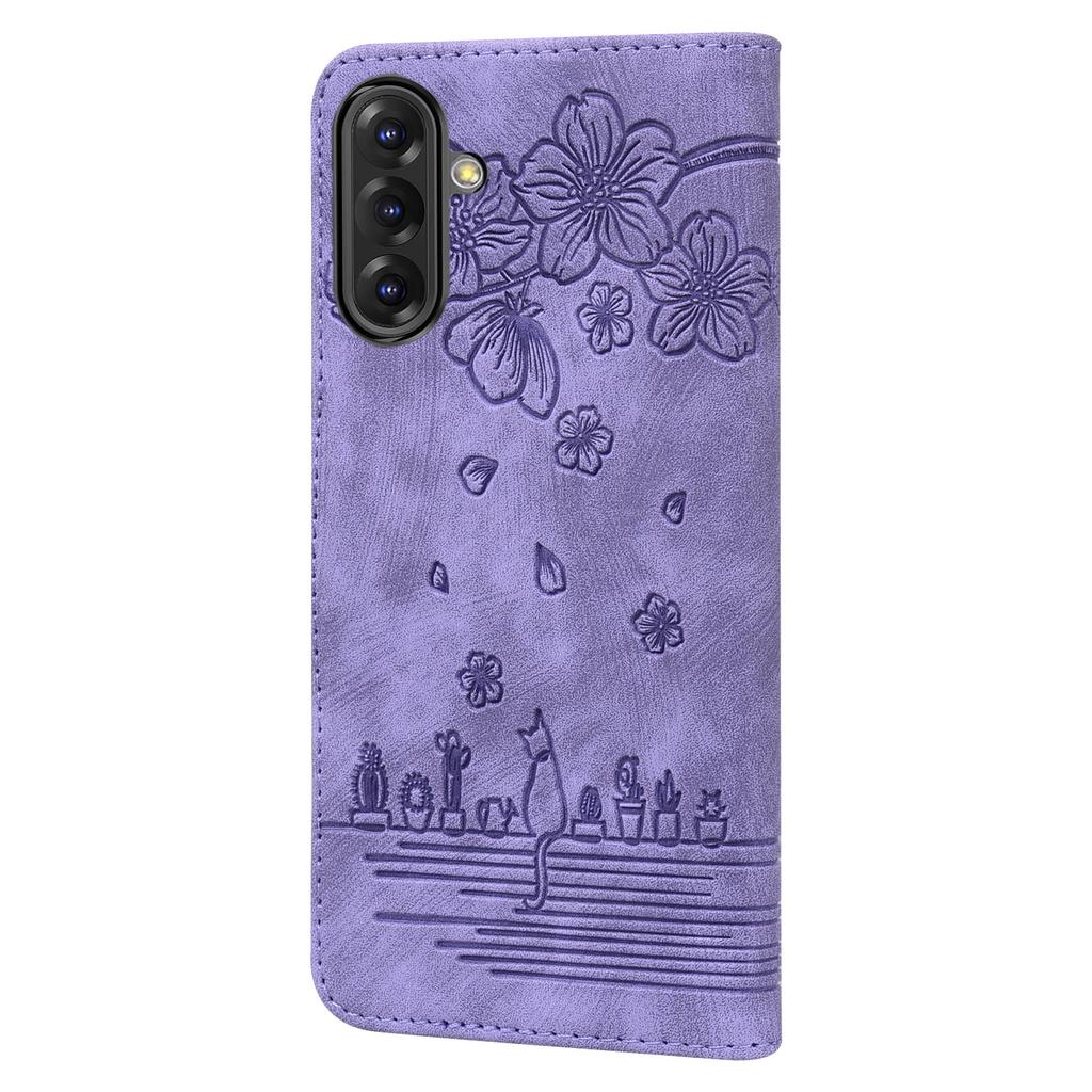 Pro Samsung Galaxy A56 5G Pouzdro Flip Stojan Kožený Kryt na Telefon S Potiskem Třešňový Květ Kočka