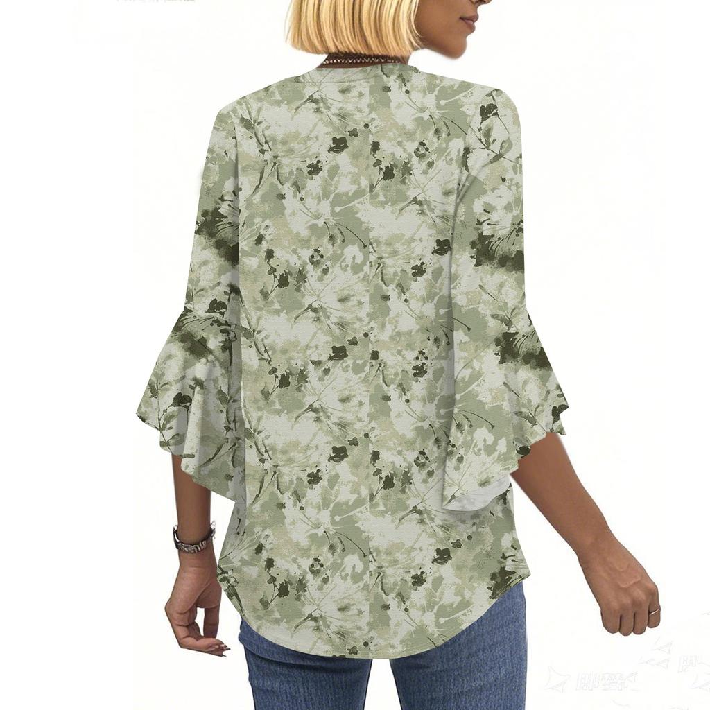 Blouses For Women Dressy Casual 3/4 Length Sleeve Womens Tops V Neck Tshirts Shirts With Flared Sleeve