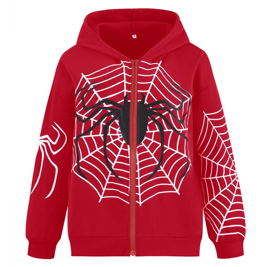 Spider Web Print Y2K Fleece Damen Hoodie - Herbst/Winter Casual Zipper Cardigan