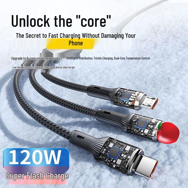 120W 3-in-1 Super Flash Charging Cable for Apple, Huawei, Type-C & Android Devices