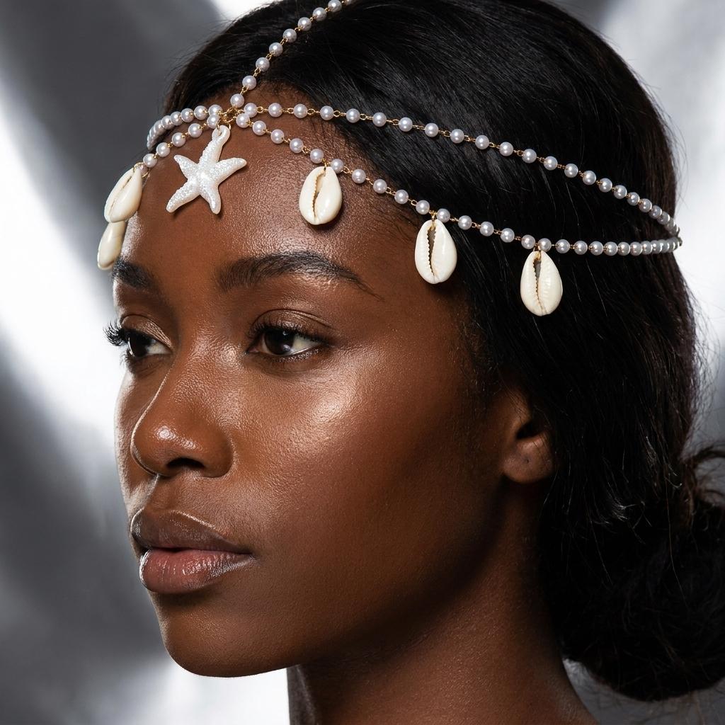 Catena per Capelli Boho Stile Oceano Stella Marina Conchiglia per Donne Moda Frangia con Perle Finte Accessorio per Capelli Vacanza al Mare Gioiello per Capelli Quotidiano