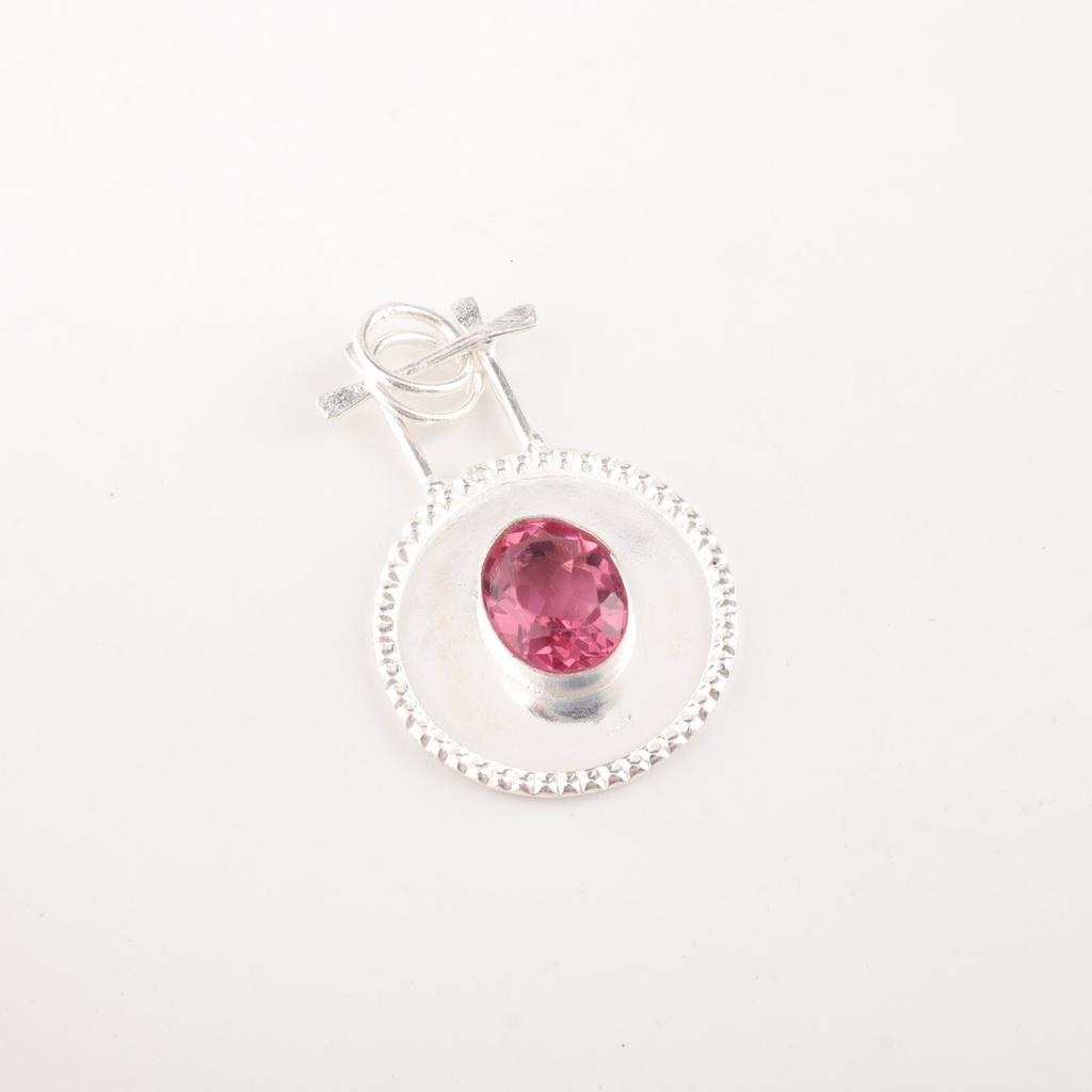 Pink Tourmaline Gemstone 925 Stamped Silver Jewelry Handmade Round Pendant 1.4" PP-57-11