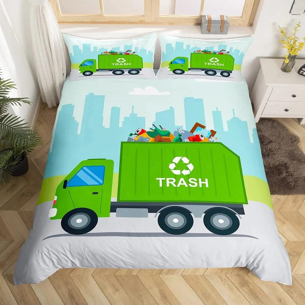 Cartoon Garbage Truck Duvet Cover Green Trash Truck Bedding Set Green Vehicle Car Comforter Cover Garbage Truck Toy Quilt Cover