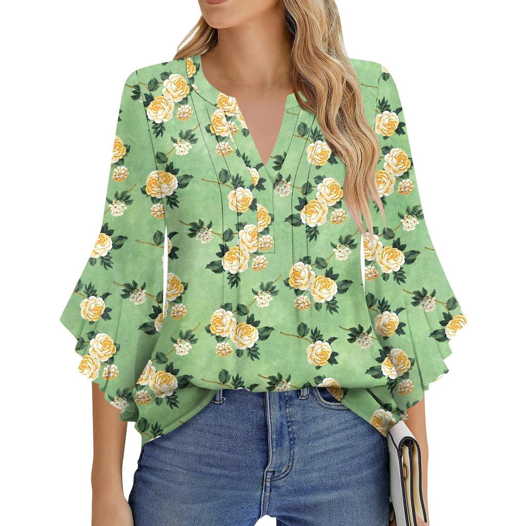 Dámská móda Ležérní plisované tričko s výstřihem do V, jednobarevné, tříčtvrteční rukáv, elegantní top