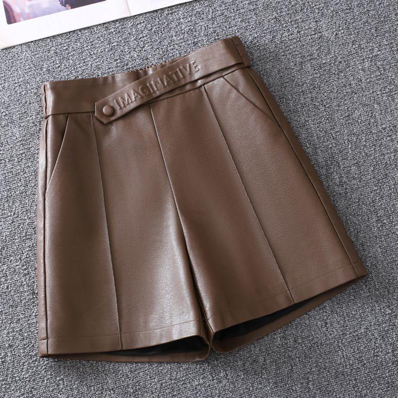 

2025 Autumn/Winter Women s Wide-Leg PU Leather Shorts with Elastic Waist - Korean Style, Plus Size, Versatile Outerwear. S Below 47.5 kg