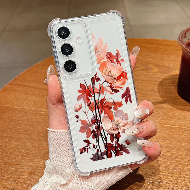Luxusní průhledný silikonový kryt s květinovým potiskem pro Samsung S25 S24 FE S23 Ultra S22 A56 A36 A16 A55 A35 Nárazuvzdorný ochrana objektivu Tenký měkký kryt na telefon