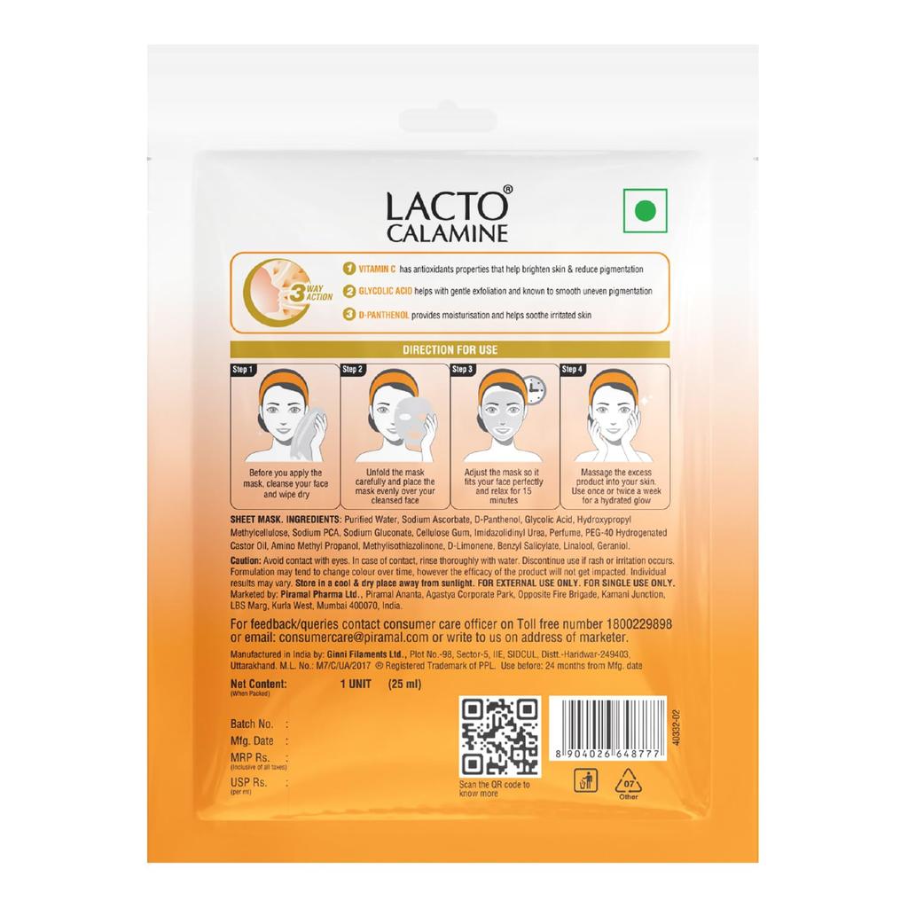 Lacto Calamine Vitamin C Face Sheet Mask 30 g Pack | Hydrating Brightening Glow Mask With Cooling Comfort For Clear And Radiant Skin