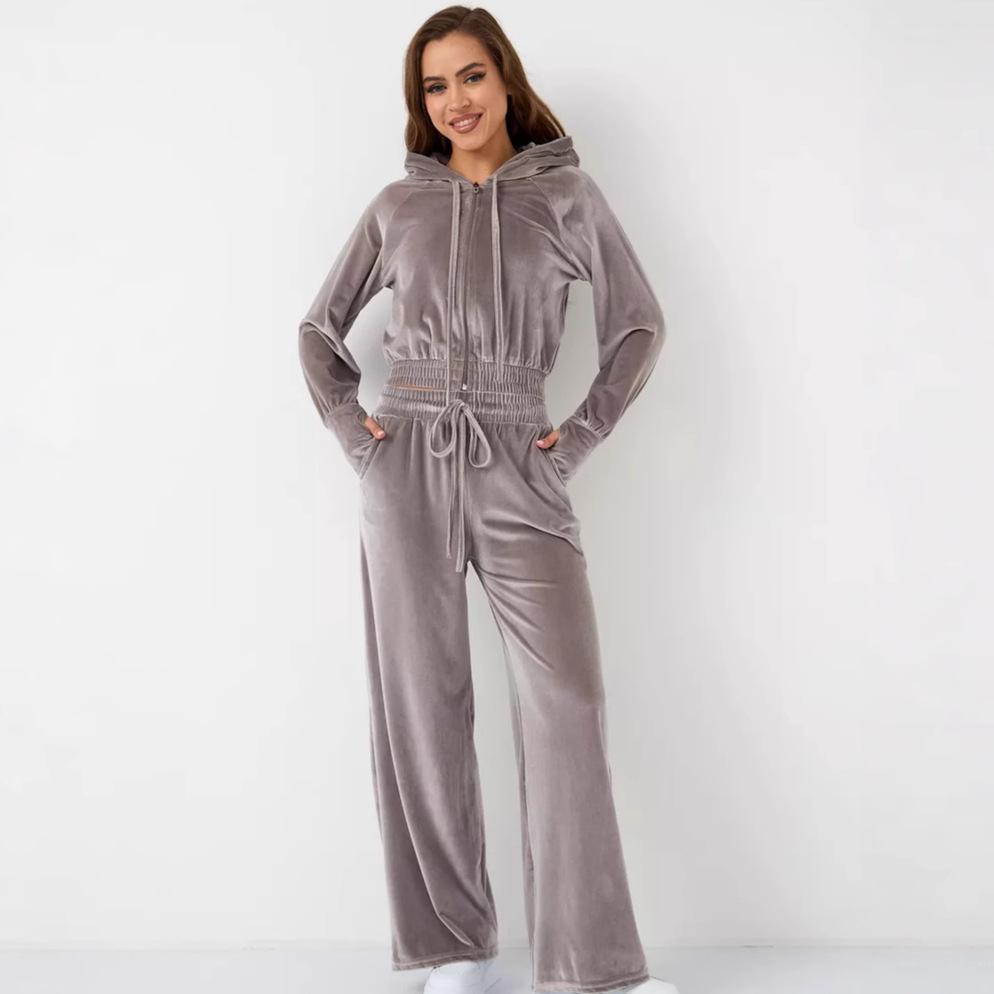 Women's Casual Zip-Up Hoodie with Drawstring Pants 2-Piece Set, Solid Color Silver Fox Fleece Tracksuit