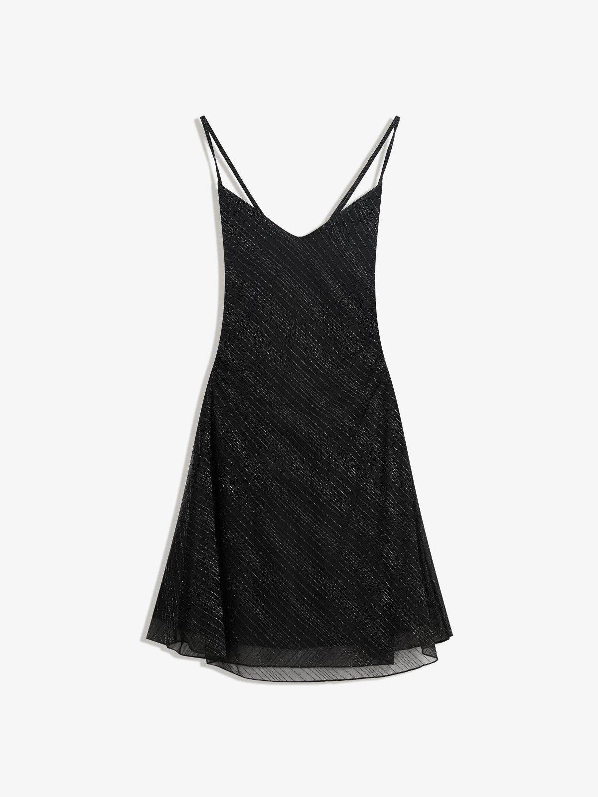 Solid Color Sequin Mini A-line V-neck Dress with Open Back & Spaghetti Straps - 2026 New Design Medium чёрный