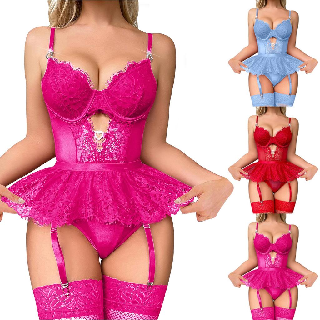 Sexy Lace Suspender Lingerie Set Women Belted Waist Ruffle Lace Skirt Pantyhose Erotic Lingerie