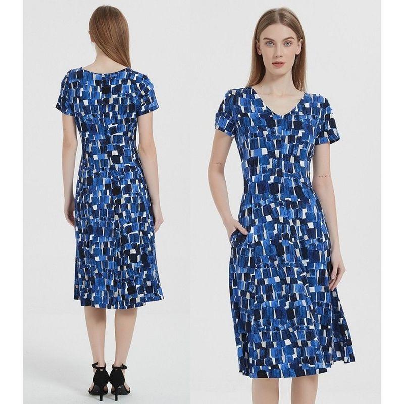 

Women s Wood Tencel Dress Chubby Girl Pocket Casual Short Sleeve Treasure Blue 2XL