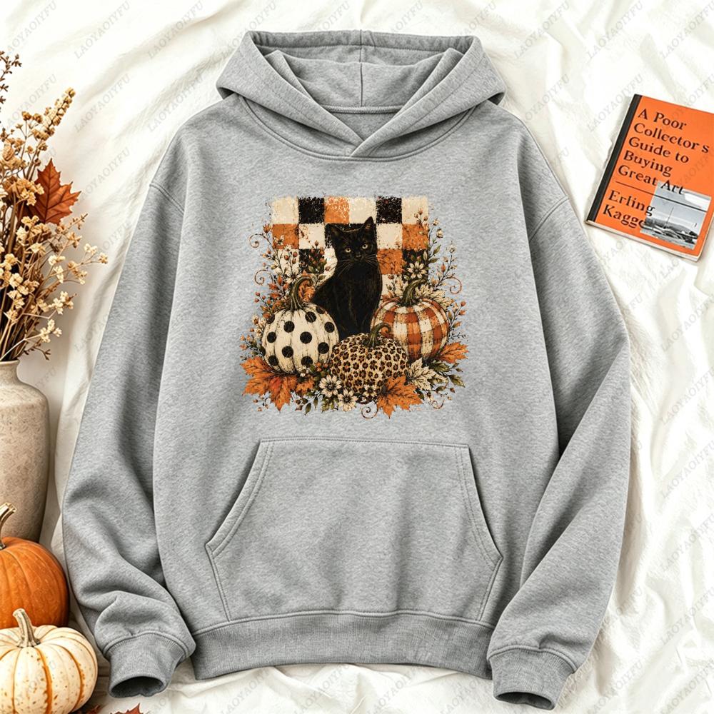 Black Cat Pumpkin Fall Checkered Graphic Hoodie Women Casual Long Sleeve Pullover Vintage Halloween Autumn Holiday Gift Top