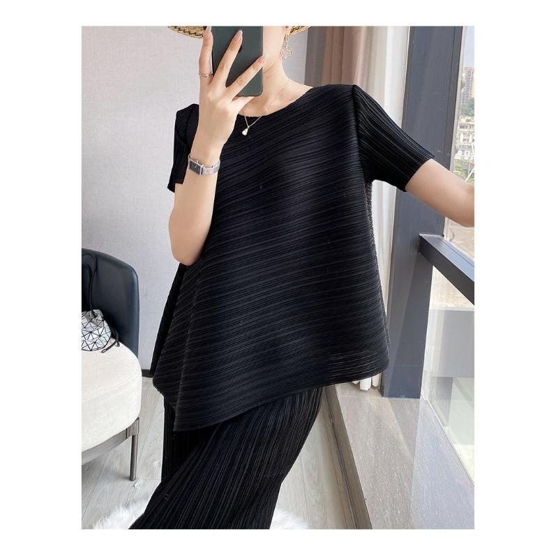 Wrinkle Casual Suit Women s Summer Irregular Top Loose Wide Leg Pants Two-piece Set S чёрный