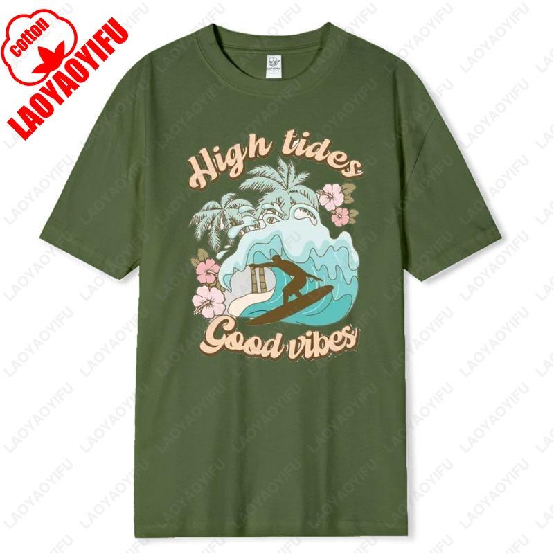 Good Vibes High Tides Shirt Vintage Summer Camping Tees Travel Adventure Road Trip Shirt Fashion Surf Flowers Pattern Cute Tops