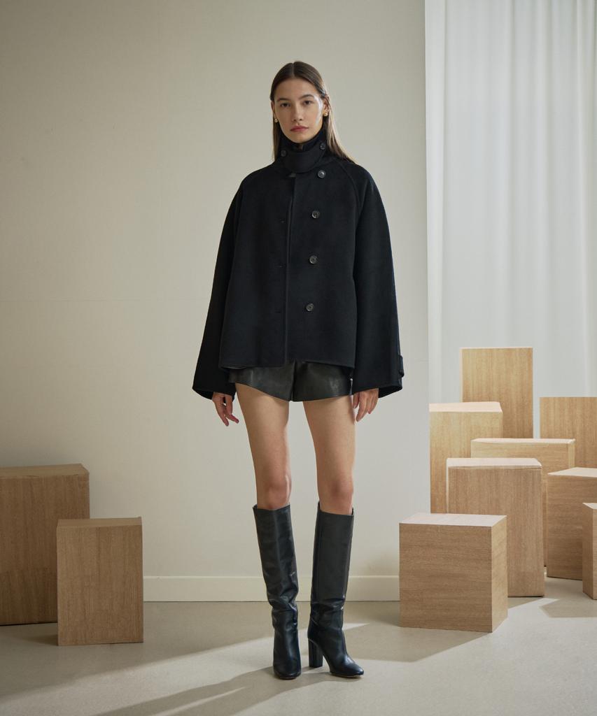 PINBLACK High-Neck Tab Handmade Wool Short Coat