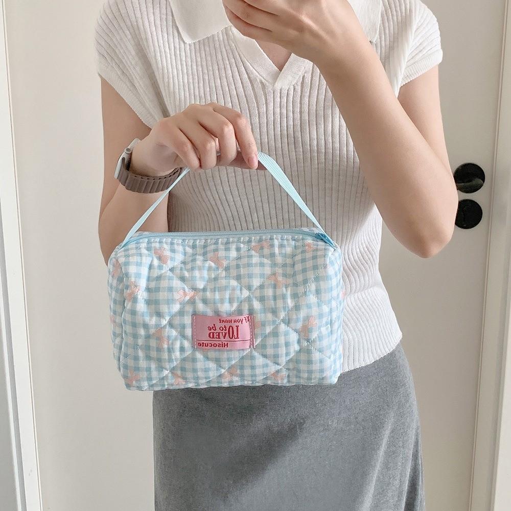 Quilted Pen Pouch Grid Pattern Handheld Makeup Bag Multi-functional Bowknot Pen Bag Travel