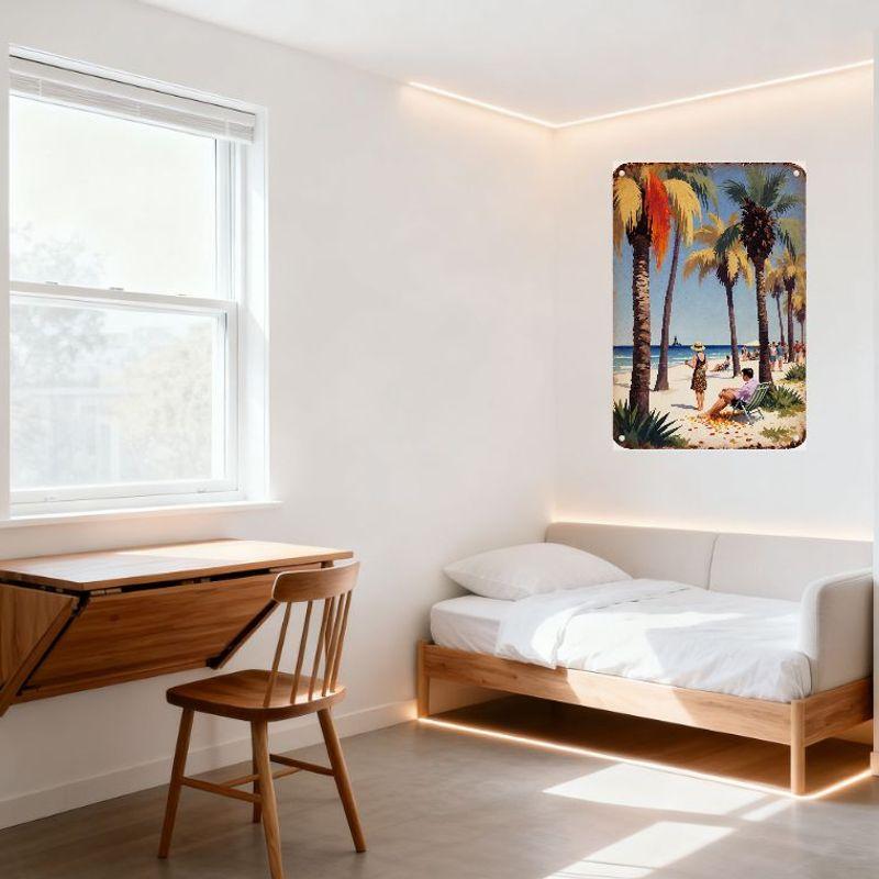 Vintage Tropical Beach Scene Metal Tin Sign, Suny Palm Trees Ocean Lighthouse Sailboats Wall Plaque, Retro Vacation Home Cafe Ba