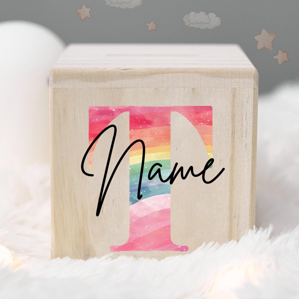 Personalized Money Box Kids Money Boxes Rainbow Letter with Name Coin Collection Box Wooded Coin Bank Child Birthday Shower Gift