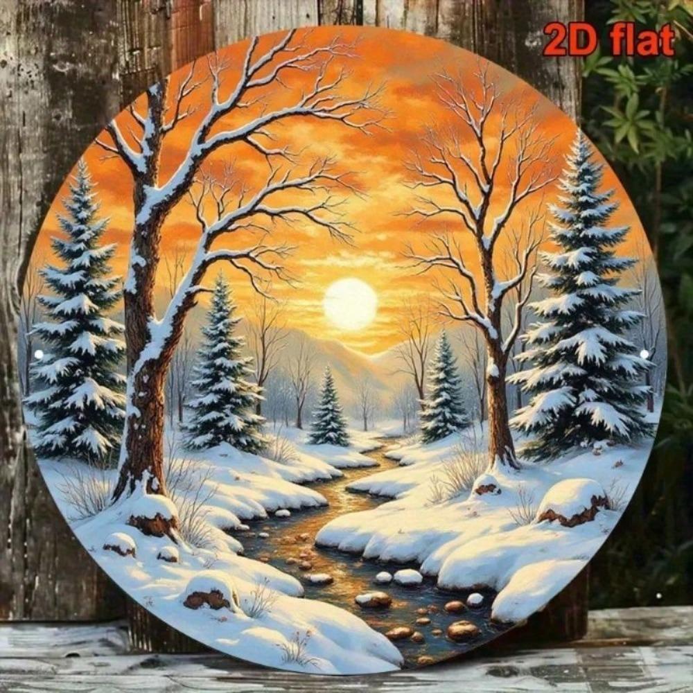 Vintage Winter River Mountain Metal Poster 8x8 Round Wall Art for Living Room