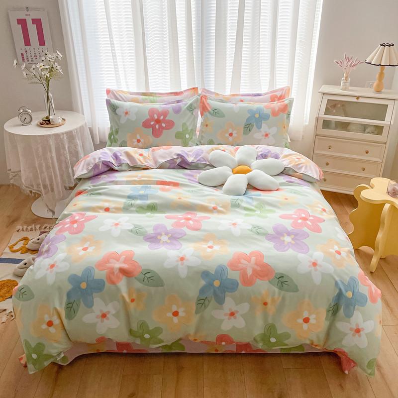 Set mic din patru piese din bumbac periat, proaspăt, îngroșat, din trei piese din bumbac imprimat, cearșaf de pat și cuvertură