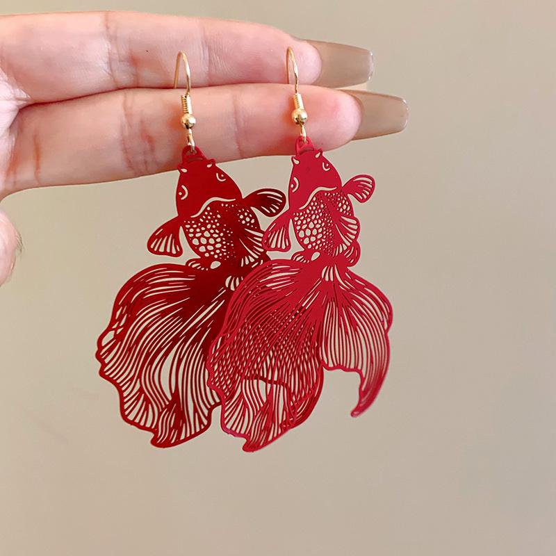 Chinese Style Koi Fish Earrings: Exaggerated Retro Hooks for Women