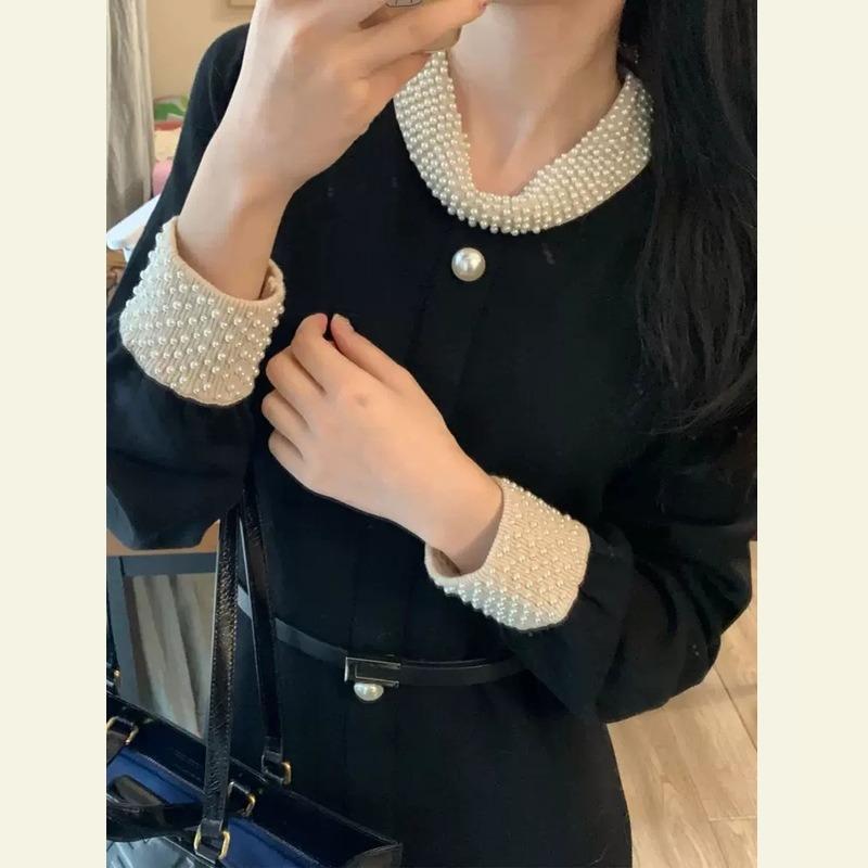 Small Dress Can Usually Be Worn Light Luxury Niche Coffee Break Black Knitted Bead Dress Women's Autumn and Winter