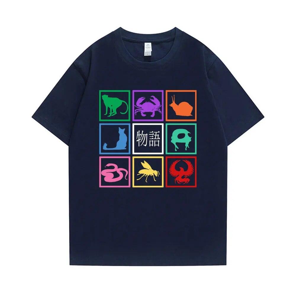 Japanische Manga Monogatari Serie Grafikdruck Schwarzes T-Shirt Unisex Damen Übergroßes T-Shirt Kleidung Lustiges Harajuku Streetwear Top