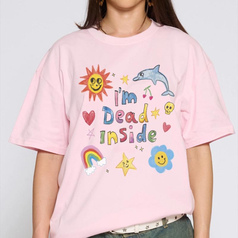 Ich bin innerlich tot T-Shirt Herren Damen Niedliches Doodle Grafik-T-Shirt Bunt Glücklich Traurig Streetwear Kurzarm Lässiges Übergroßes Oberteil