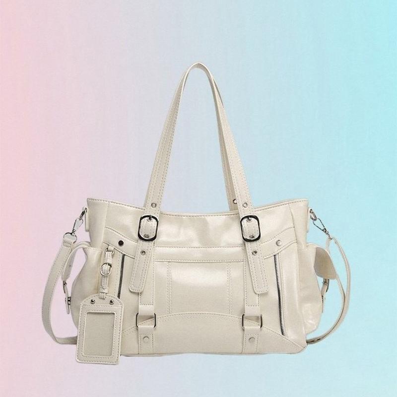 Stylish Patent Leather Tote Bag Multi-pocket Work Shoulder Bag Silver Hardware Buckle Crossbody Bag Student Large Capacity Bag