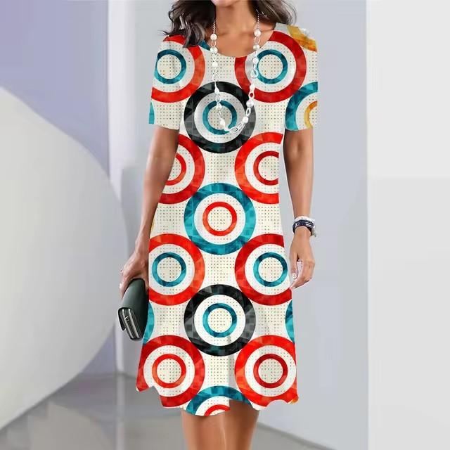 Women Round Neck Short Sleeve 3d Print T-shirt Dress Midi Length Summer Beach Wear