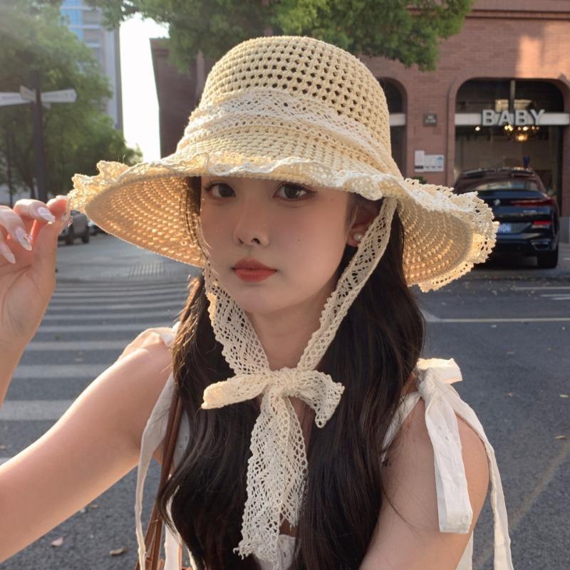 Lace bow big brim straw hat women's summer breathable sunshade sunscreen beach hat sweet bucket hat