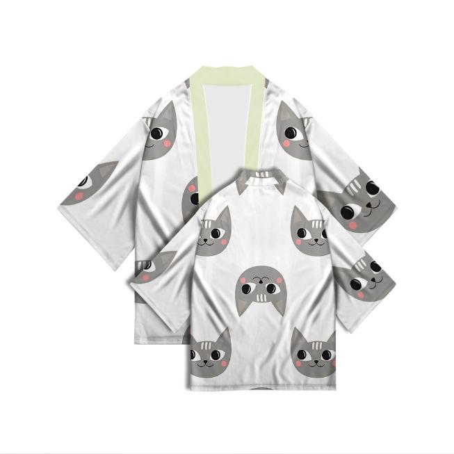 New Women's Cute Kitten Digital Print Summer Seven Sleeve Kimono Cardigan Japanese Kimono