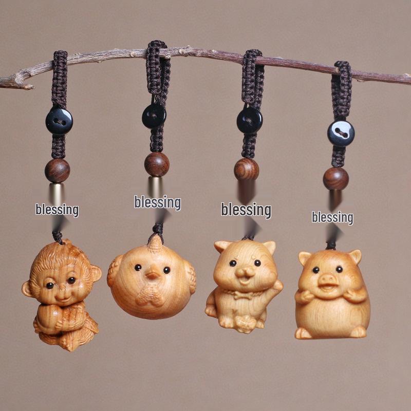 Cliff Cypress Zodiac Keychain Wood Carving Pendant Charm