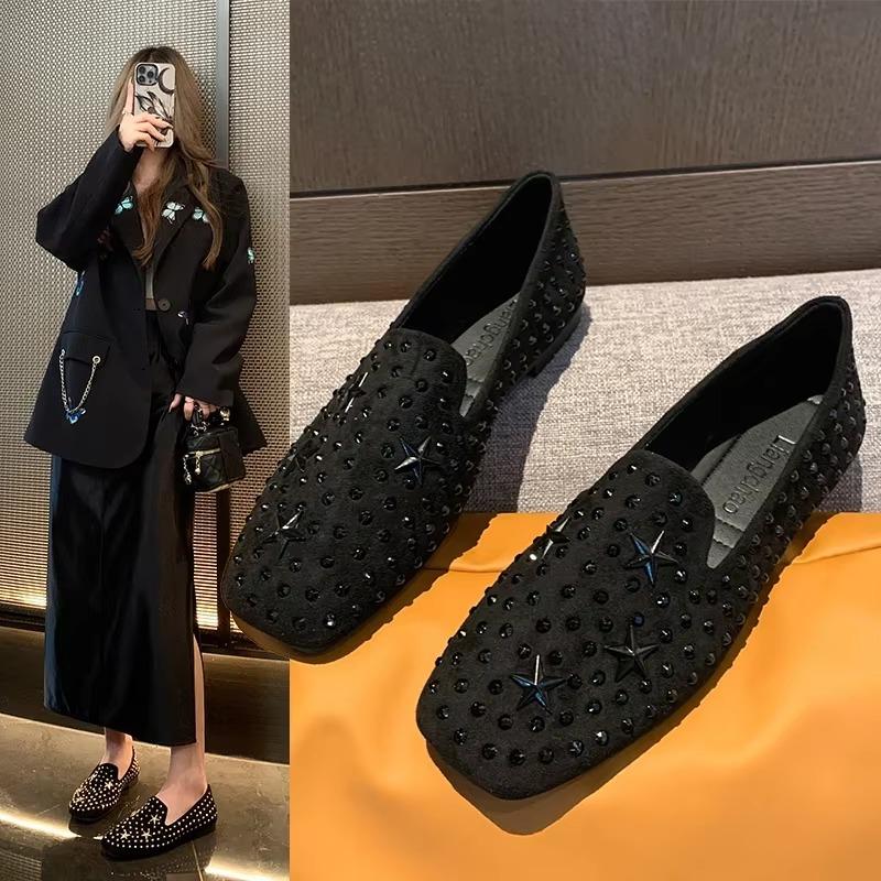 Fashion Women's Loafers Rivet Rhinestones Square Heel  Women Work Shoes Comfortable for Work Leisure Versatile Canvas Flat Shoes Women