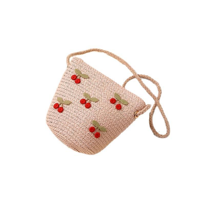 Children Foldable Woven Straw Bag Summer Girl Shoulder Bags Red Cherries Kids Handbags Beach Travel Crossbody Bags Small Wallets