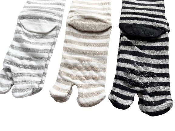 Tabi Socks with 3 Elastic Loose Cotton Outer Striped Set Women's Non-Slip Finish, Pairs, Cuffs, Fit, 100% Thread, Pattern, 3-Pair (Colors Available)