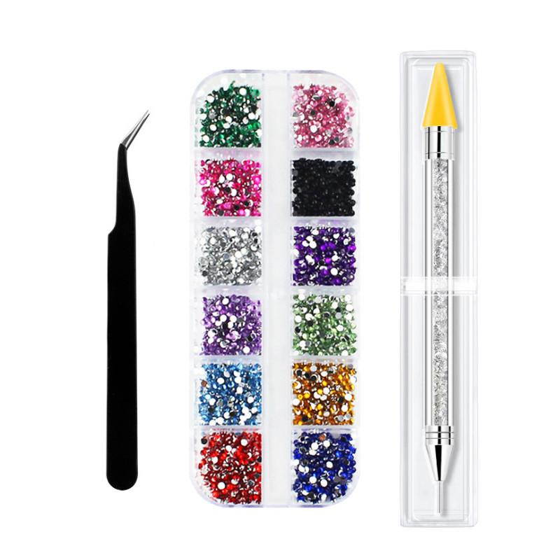 12 Grids  Clear Rhinestones Flatback Shiny Crystal Ab Nail Art Gems With Tweezer And Rhinestone Picker Dotting Pen Nail Art Tools For Nails