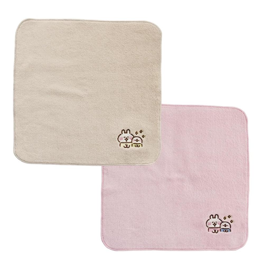 Kanahei's Small Animals Usagi & Pisuke Embroidered Imabari Hand Towel 2-Piece Set (Pink & Greige) Mini Towel Handkerchief [Softly Communicating