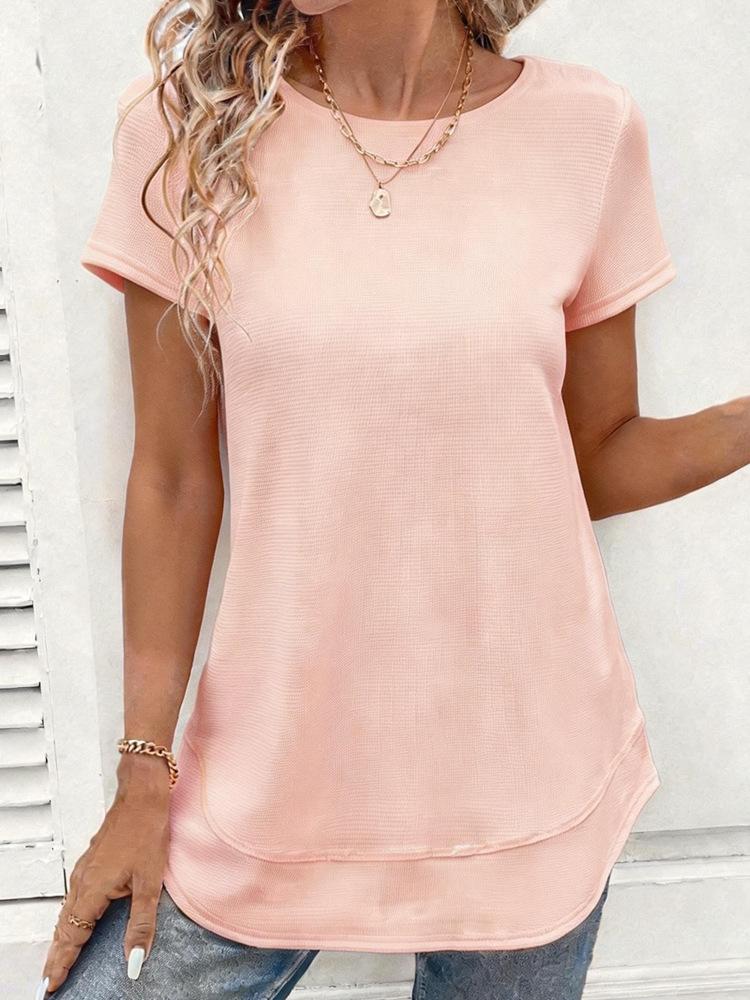 Spring Summer Textured Round Neck T-Shirt Short Sleeve Double Layer Hem Casual Top
