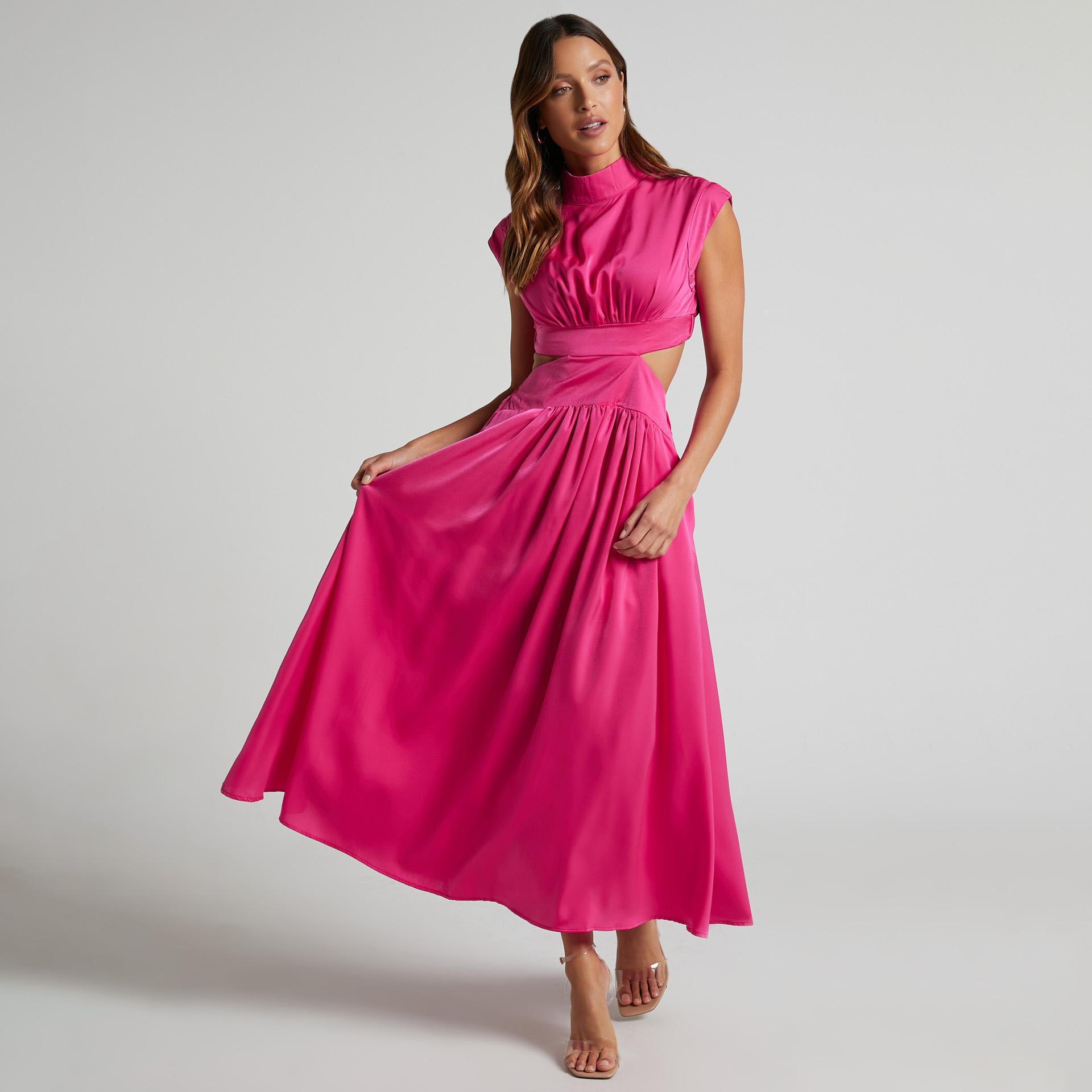 

Женское весеннее платье со стоячим воротником, цветное, без рукавов, летнее повседневное платье А-силуэта с высокой талией, длинное платье S-XL S розы красного