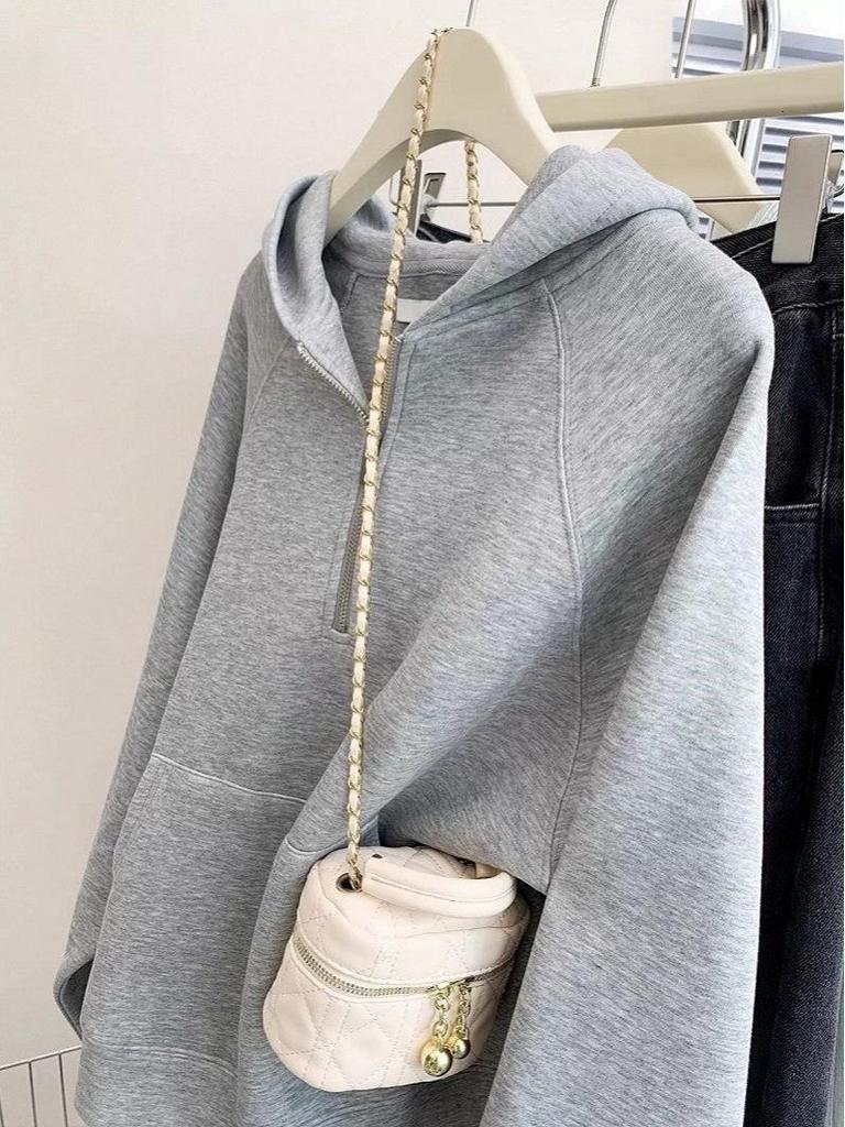 Women's Gray Half-Zip Hooded Sweatshirt - Autumn/Winter 2025 Korean Style Casual Loose Fit Pullover Top