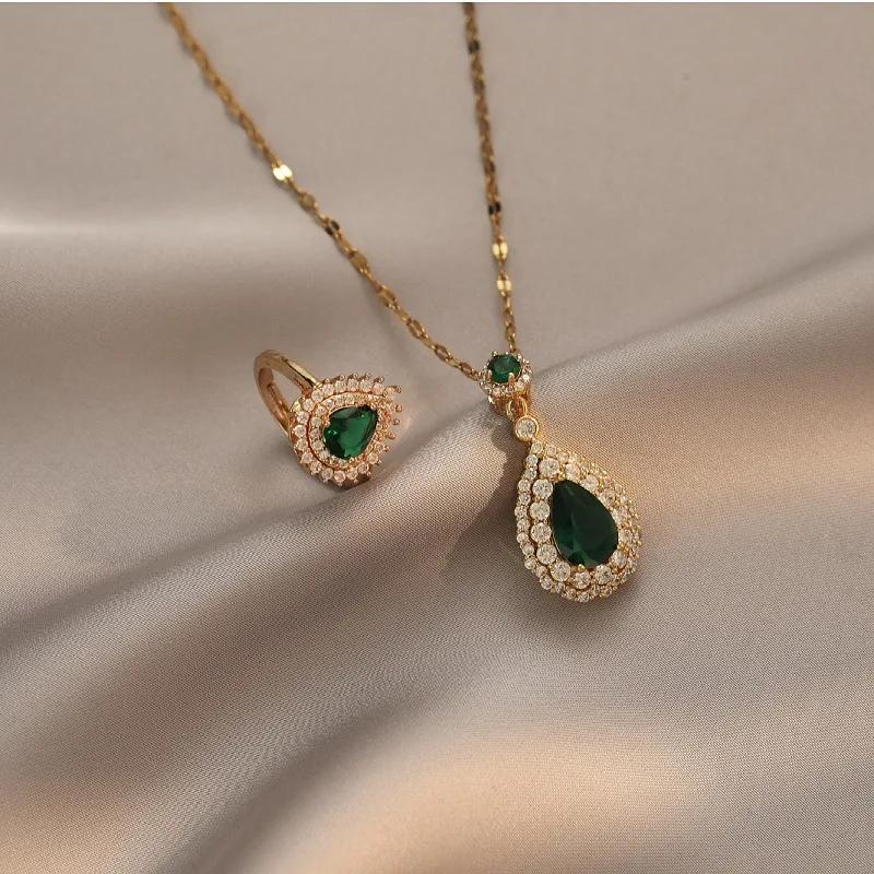 Luxury Brand Classic Green Water Drop Emerald Pendant Necklace for Women Exquisite  Stainless Steel Crystal Jewelry Colorfast