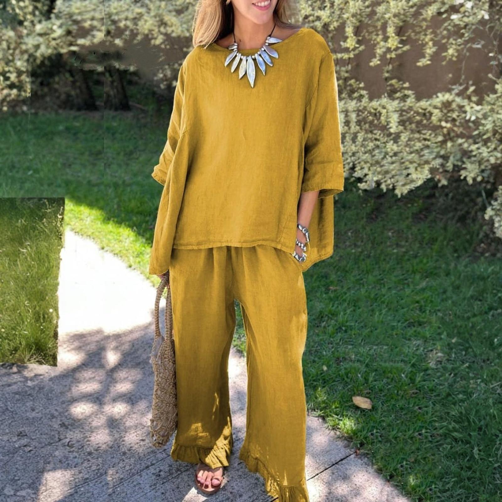 

Женский свободный удобный повседневный модный комплект из двух предметов: топ с рукавами до локтя и брюки, однотонный, из хлопка и льна XL жёлтый
