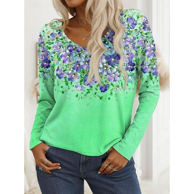 2025 Women's T-Shirt Floral Graphic Flower Elegant Trendy Tees  V-Neck  Long Sleeve T-shirtsRegular Tops Pullover Fall Winter