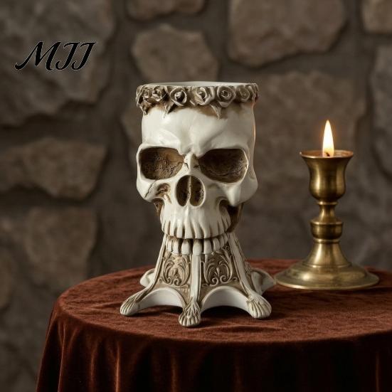 Retro Skull Ornament Gothic Vase, Spooky Resin Head Statue, Halloween Table Centerpiece Home Decor Flower Vessel for Shelf Mantel Decorative